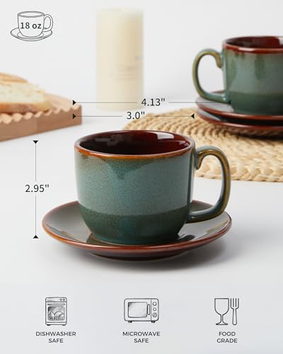 Sage Green Stoneware Coffee Cups with Saucers Set of 4 – Modern Espresso Mug Set