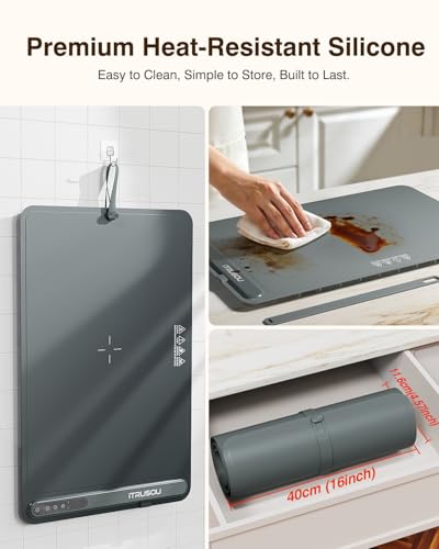 Electric Food Warming Mat 24x16 Inches - iTRUSOU 7-Level Temperature Control, Timer & Built-In Strap, Large Dark Grey