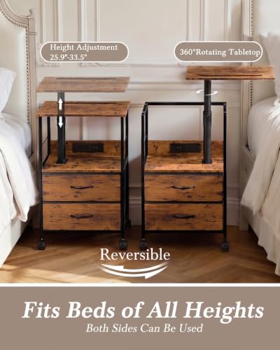 Faesun Nightstand with Charging Station & Swivel Top, 2 Drawers, Brown