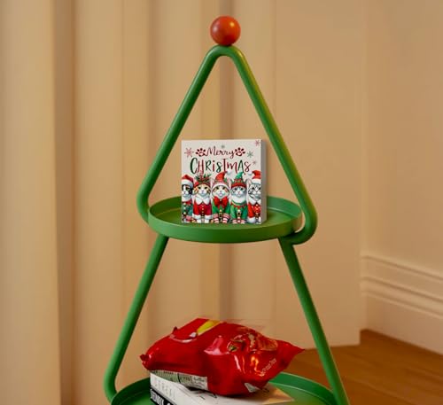 Merry Christmas Cat Bathroom Decor Sign - Cute 5x5 Inch Wooden Cat Sign