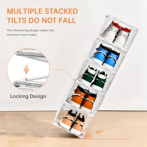 Large Clear Shoe Storage Box Set - 12 Pack, Stackable Shoe Organizer with Magnetic Door, Fits US Size 12, Display & Storage