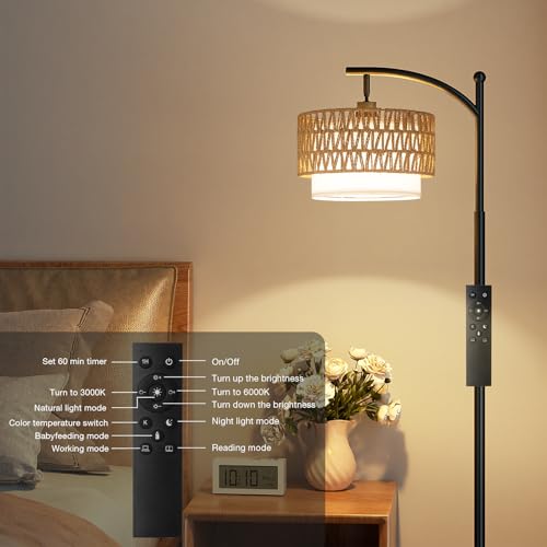 Ambimall Arc Floor Lamp with Remote & Rattan Double Shades - Black Rustic Variation