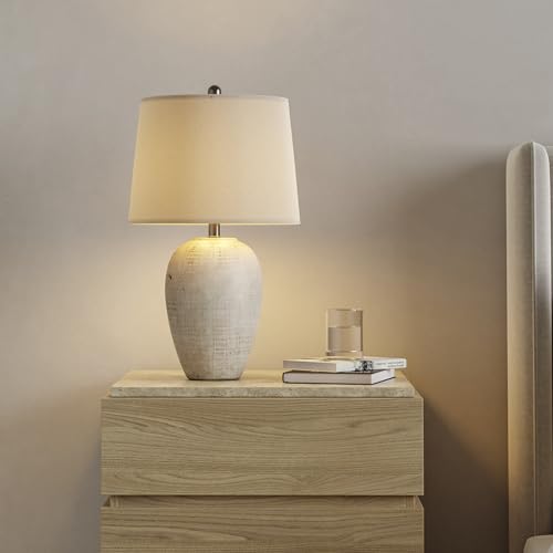 Rustic Ceramic Table Lamp - 23" Distressed Cream/Beige with Ivory Drum Shade - Vintage Style