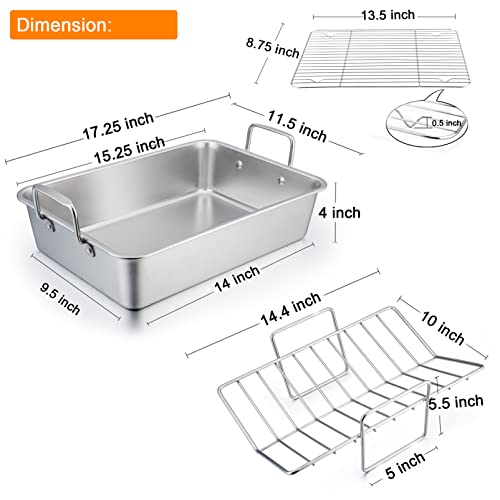 TeamFar Stainless Steel Roasting Pan 16-Inch Large Turkey Roaster Pan - Silver