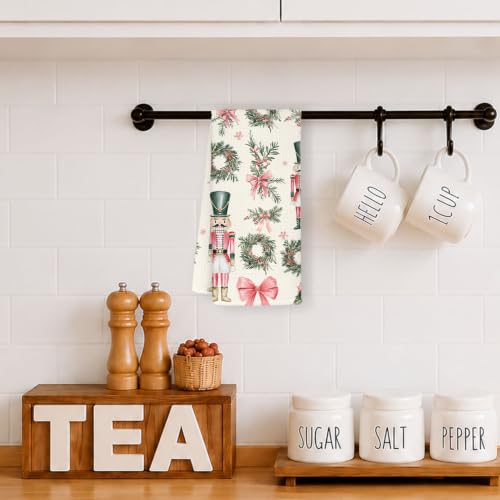 Christmas Nutcracker Kitchen Towels - Pink Bow Wreath, 16 x 24 in (Variation: Christmas Nutcracker)