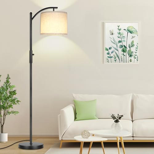 ROTTOGOON Black Dimmable Arc Floor Lamp - Modern Tall Standing Lamp with Linen Shade, 0-100% Stepless Dimming for Living Room & Bedroom