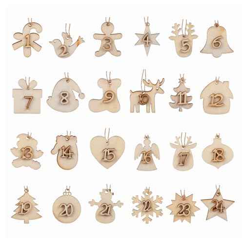 Naler 24Pcs Advent Calendar Number Tags, 24 Days Christmas Wooden Hanging Numbers Gift Tags Christmas Decoration Xmas Tree Hanging Ornaments Countdown Advent Calendar Number DIY Gift Tags