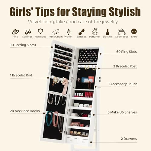 Sweetcrispy White Freestanding Jewelry Armoire Cabinet with Mirror, 60.24''H, 15.75''D