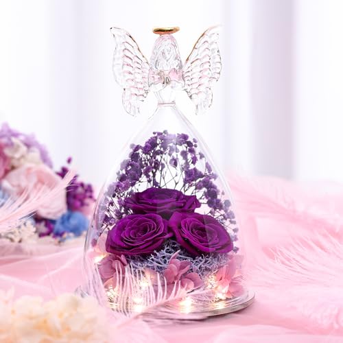 Tiaronics Purple Preserved Rose Gift in Glass Angel Figurine for Women, Mother's Day