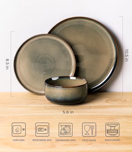 Ceramic Dinnerware Set for 4 - 12-Piece Mocha Brown Kitchen Plates & Bowls