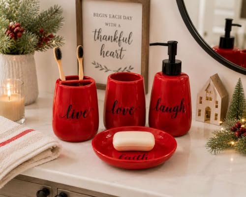 Red Ceramic Bathroom Accessories Set - 4 Piece Farmhouse Decor, Soap Dispenser, Toothbrush Holder, Tumbler & Soap Dish