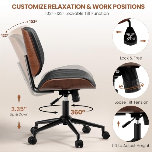 Black Armless Office Chair - Modern PU Leather Swivel Desk Chair with Walnut Bentwood Back & Height Adjustment - Set of 1