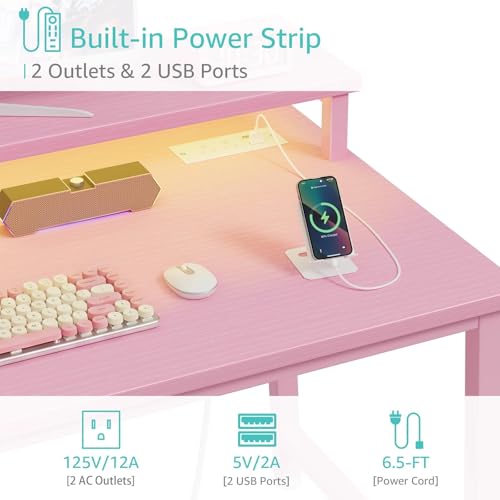 Pink Girls Gaming Desk with LED Lights & Power Outlets - 39.4 Inch Home Office Computer Table with Monitor Stand