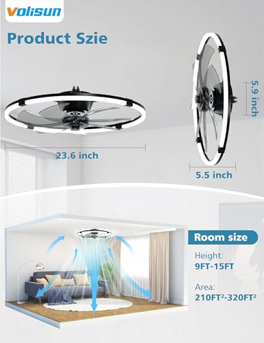 Black 23.6-inch Low Profile Ceiling Fan with Lights Remote Dimmable Modern LED