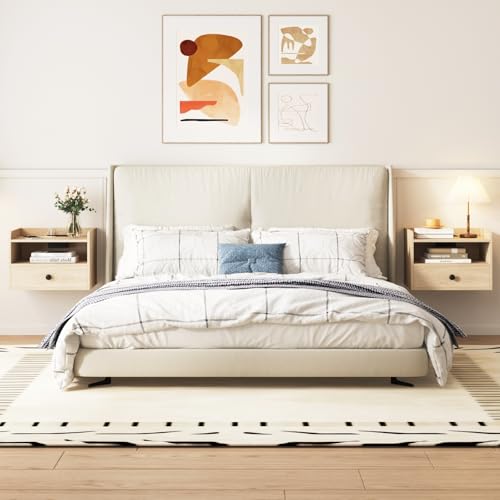 HOSEOKA Natural Floating Nightstand Set of 2 with Drawer & USB Ports