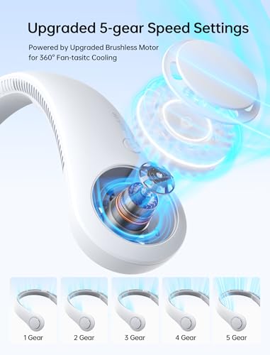 Grey Portable Neck Fan - Hands-Free Bladeless Personal Cooling, 5 Speeds, 4000mAh