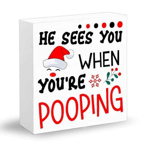 He Sees You When You'Re Pooping Sign Funny Christmas Bathroom Decor Santa Bathroom Decor Wooden Box Christmas Bathroom Wall Decor Wooden Desk Decor For Bathroom Toilet Rustic Indoor Home Decor