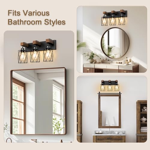 Black Farmhouse Bathroom Vanity Light - 3-Light Wooden & Metal Fixture