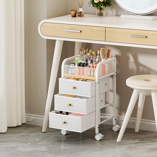 SWTYMIKI White 4-Tier Rolling Makeup Organizer Cart with 3 Large Drawers