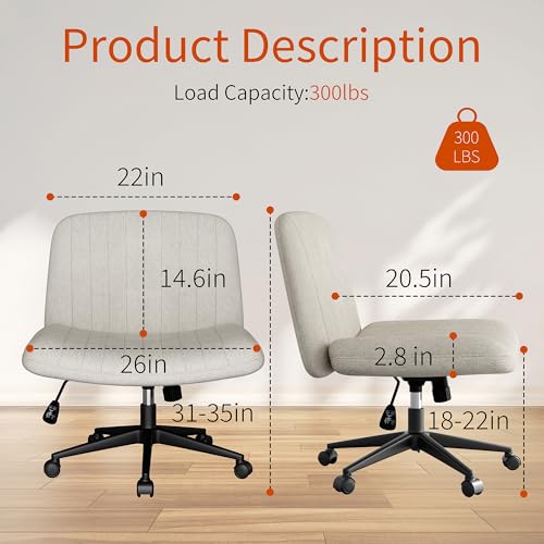 White Wheels Criss Cross Office Chair 26" Wide Armless Fabric Swivel Vanity Chair