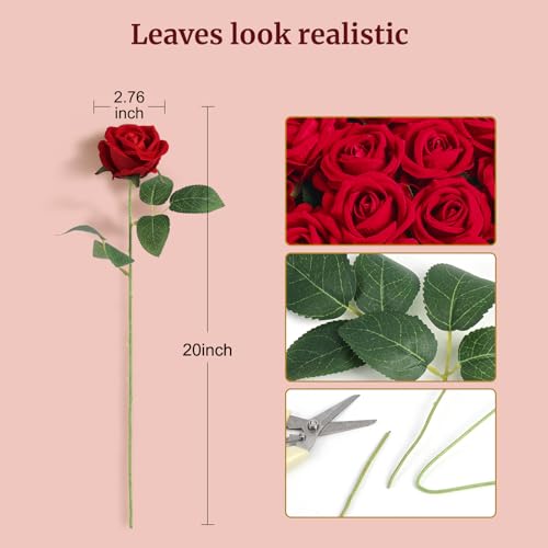 Artificial Red Roses Flowers Set - 60 Pcs Silk & Velvet Faux Flowers for Decor - Variation of 60 Red