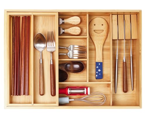 Two Tier Bamboo Kitchen Drawer Organizer - 16.85 x 12.2 in Silverware Tray with Removable Knife Block