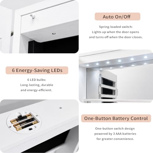 Over the Door Jewelry Organizer with Mirror & LED Lights - White