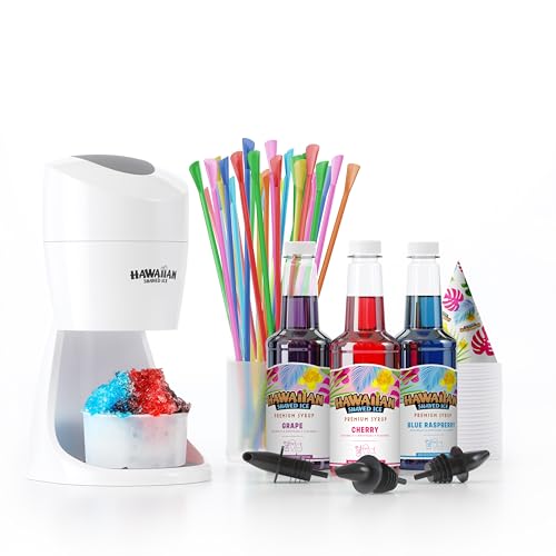 Hawaiian Shaved Ice Machine Kit - 3 Flavors, 25 Cups, Straws & Molds - 3 Flavor Party Pack