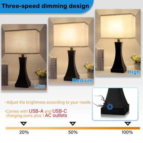 OYedis Black 3-Way Dimmable Touch Bedside Table Lamp with USB & AC Outlet