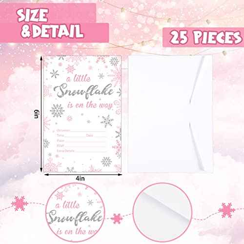 25 Sets Snowflake Baby Shower Invitations with Envelopes A Little Snowflake is on The Way Party Decorations Silver Pink Invitations for Christmas Winter Gender Reveal Party Supplies, 4 x 6 Inch