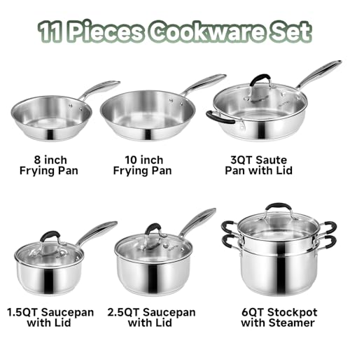11-Piece Stainless Steel Cookware Set with Steamer & Heat-Resistant Handles
