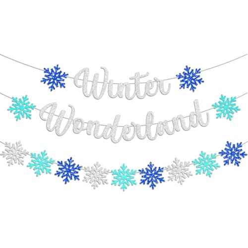 3 Pcs Winter Wonderland Banner Glittery Blue Silver Christmas Decorations Snowflake Banner for Winter Wonderland Frozen Themed Christmas Holiday Party D?cor