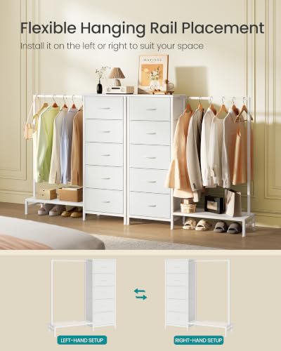 SONGMICS Cloud White Dresser with Hanging Rod & 5 Fabric Drawers, Adjustable Storage