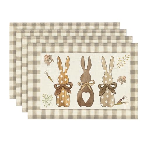Artoid Mode 12x18 Inch Buffalo Plaid Bunny Easter Placemats Set of 4 – Seasonal Holiday Kitchen Table Decor Brown