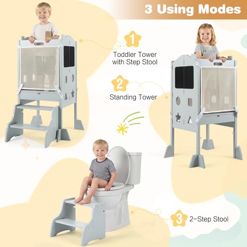 Costzon Grey 4-in-1 Toddler Folding Step Stool & Learning Tower with Chalkboards