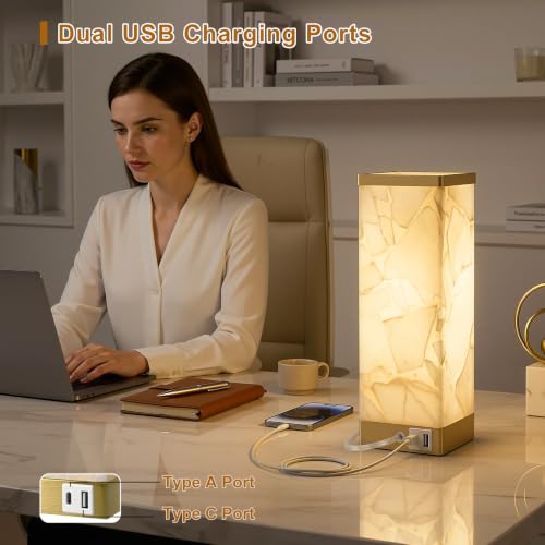 Off-White Alabaster Table Lamp for Living Room - 3-Way Dimmable & USB Ports