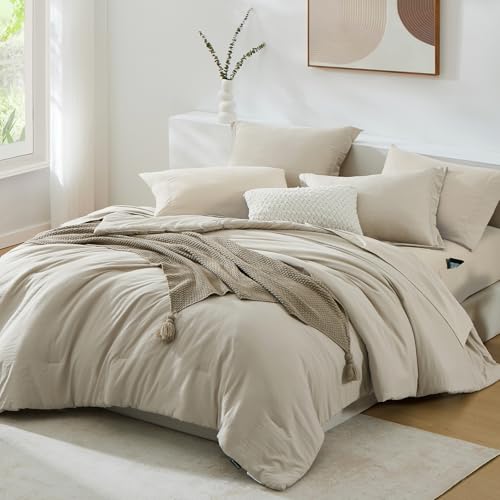 King Size Comforter Set - 7 Pieces Prewashed Bed in a Bag Light Oatmeal - King Bedding