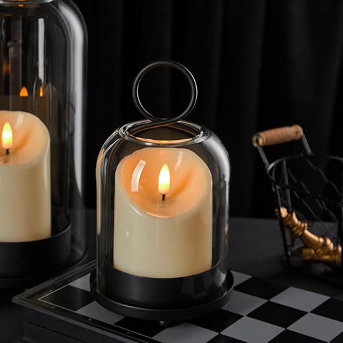 Black Metal Candle Holder with Glass Dome & Timer Candles - Set of 2