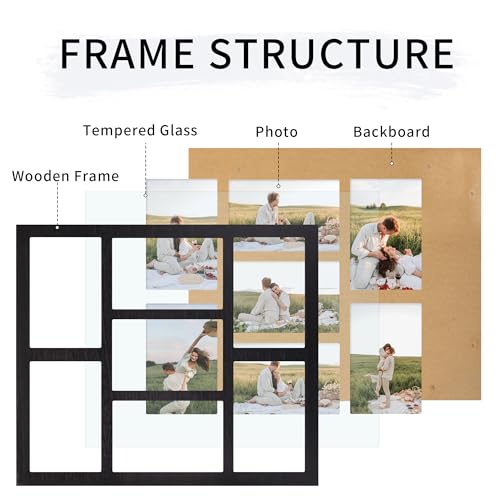 Rustic Black 13x15 Inch 4x6 Photo Collage Frame Wall Decor with Tempered Glass - 7 Openings, 1 Pack