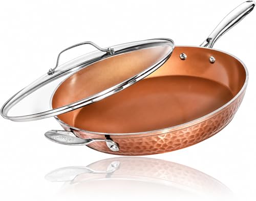 14 Inch Nonstick Frying Pan with Lid - Copper Hammered Ceramic Coating, Oven & Dishwasher Safe