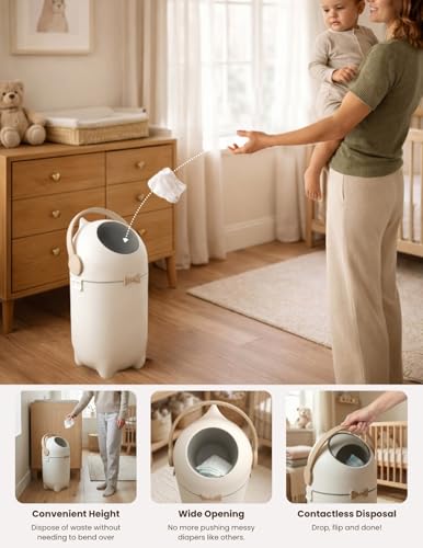 Odor-Locking Nursery Diaper Pail with Silver Ion Technology - Boho White
