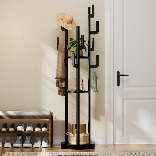 Freestanding Wooden Coat Rack with 9 Hooks & 3 Shelves - Black, 360° Rotating Entryway Organizer