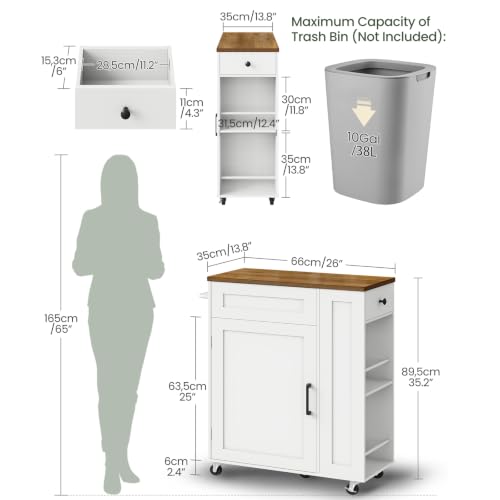 Mobile Kitchen Island Cart with Storage and Hidden Trash Bin - White Walnut Finish