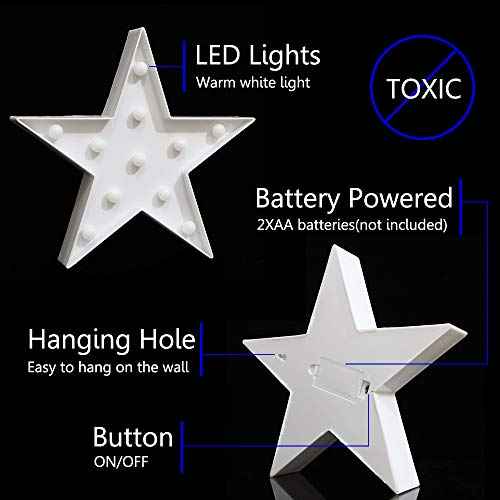 LED Marquee Star Sign Night Light, Battery Operated Star Shaped Desk Table Lamp for Kids, Baby, Child, Girl Gift, Nursery Room, Wall Decor (White)