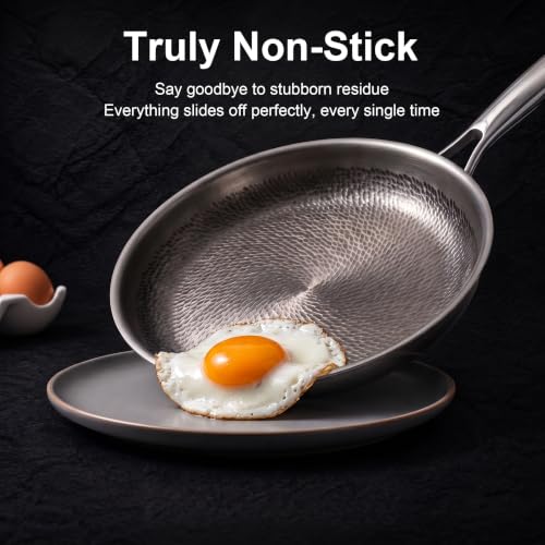 9.8-Inch Titanium Non-Stick Frying Pan with Lid - Hammered Skillet, Single Size