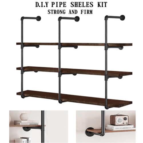 HITOMEN 3-Set Industrial Iron Pipe Shelves 4-Tier Wall-Mounted Rustic Bookcase