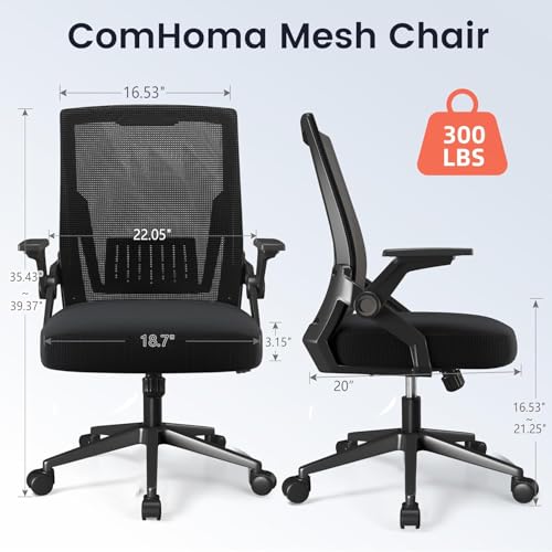 COMHOMA Large Black Office Chair Pack of 2, Ergonomic Mesh Computer Chairs with Flip-up Armrests & Lumbar Support