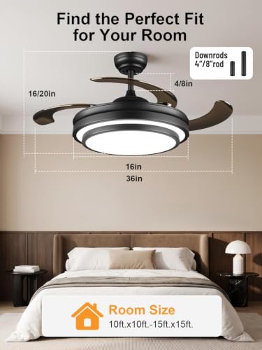 Black 36 Inch Modern Retractable Ceiling Fan with Dimmable LED Light & Remote Control