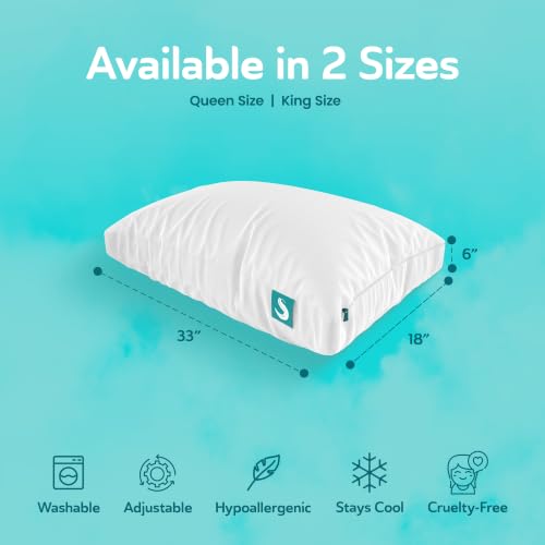 Sleepgram King Adjustable Loft Pillow - Soft Microfiber, Washable Cover, 18 x 33