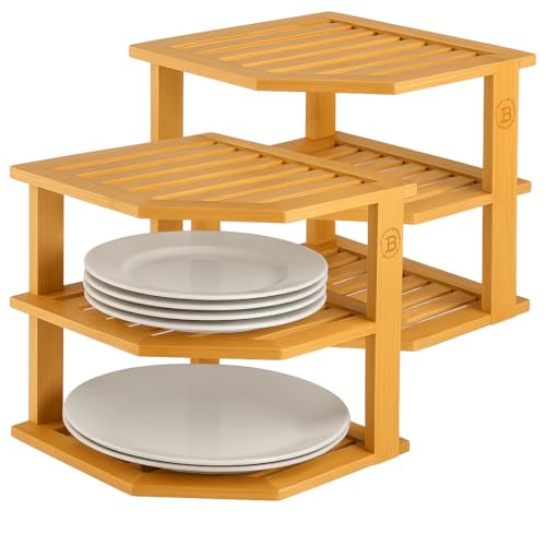 Bamboo Plate Organizer 3-Tier Corner Shelf Riser Set - Natural 2 Pack